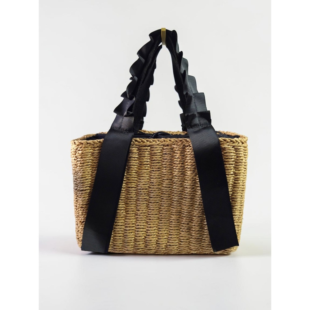 Woven Raffia Tote Bag Black Ruffle Grosgrain Ribbon Handles Drawstring Beach Bag